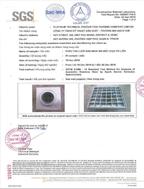  - Phễu Thoát Sàn Bạch Kim - Công Ty TNHH Kỹ Thuật SX TM Bạch Kim